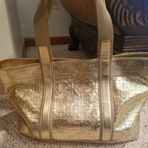 Metallic Logo-embossed Gold Leather Canvas Tote